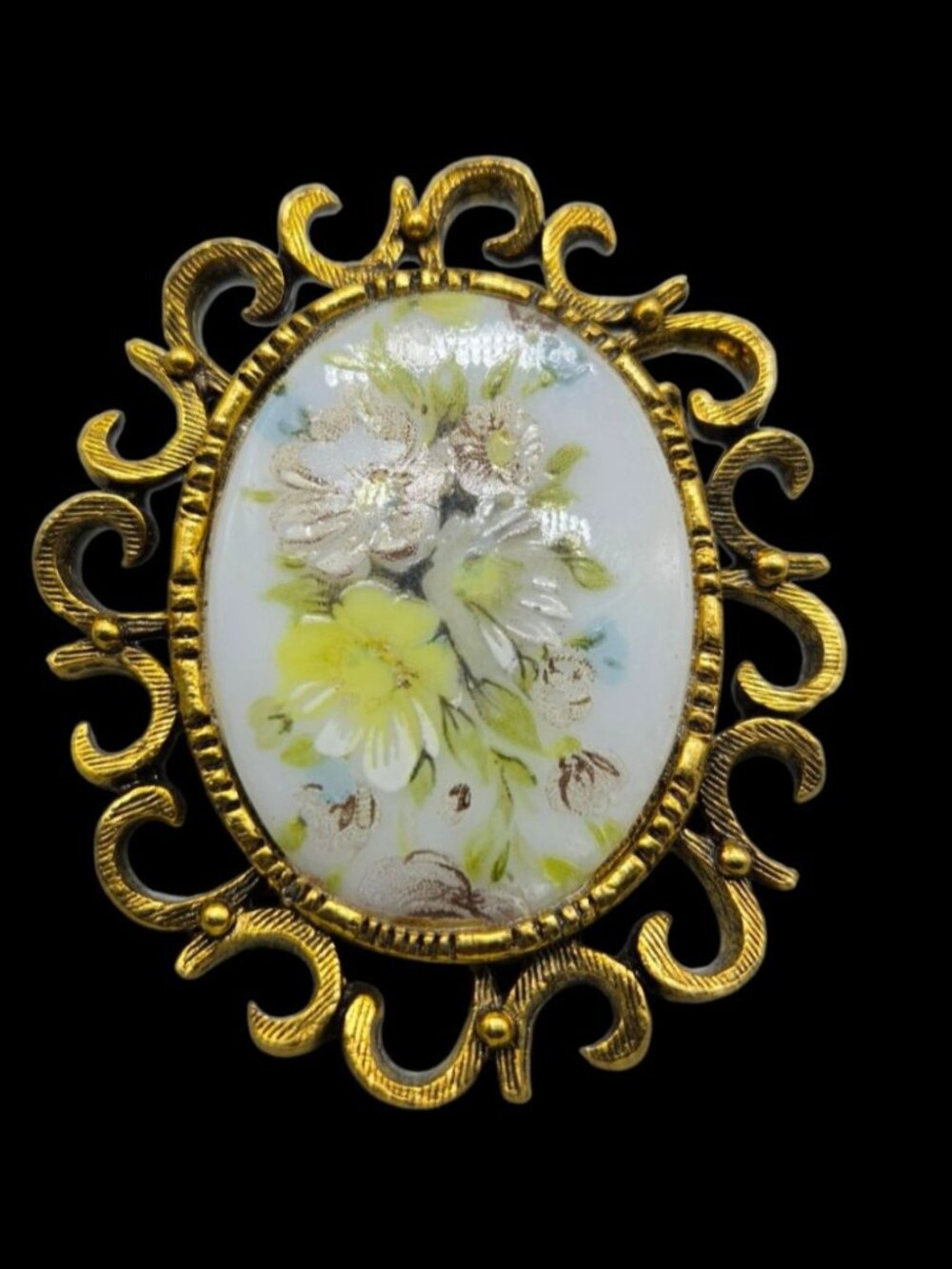 VTG Floral Porcelain Cameo Brooch Pendant Brooch Gold Tone Openwork Filigree - Picture 2 of 8